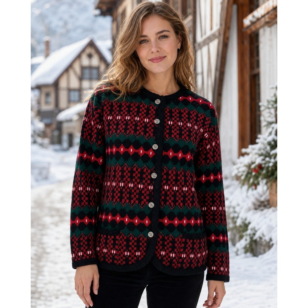 Vintage Tally-Ho Nordic Cardigan Red Green Black Metal Buttons M